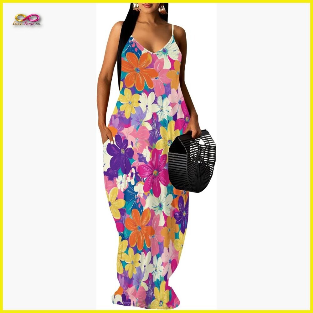 Floral Print Maxi Dress Plus Size Loose Fit V-Neck Backless Sundress